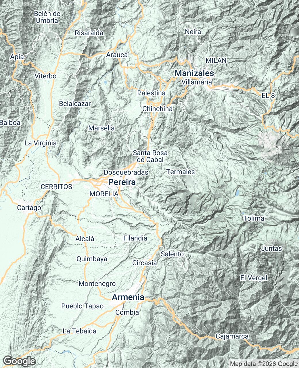 Mapa del Eje Cafetero con las sedes de Ferreinox en Pereira, Dosquebradas, Armenia y Manizales